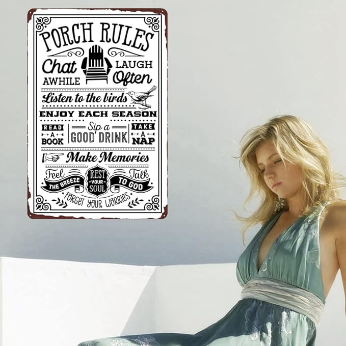 Porch Rules Vintage Metal Sign, Porch Decor Door Sign, Funny Porch Sign Rustic Wall Decor for Outdoor Yard 12x8 Inch