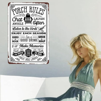 Porch Rules Vintage Metal Sign, Porch Decor Door Sign, Funny Porch Sign Rustic Wall Decor for Outdoor Yard 12x8 Inch