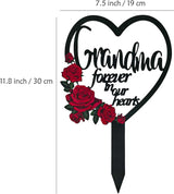 AIM & GGKK Memorial Stake for Grandma - Metal Heart Grave Marker with Red Roses, Memorial Plaque Cemetery Decor for Grave, Garden, Gravesite