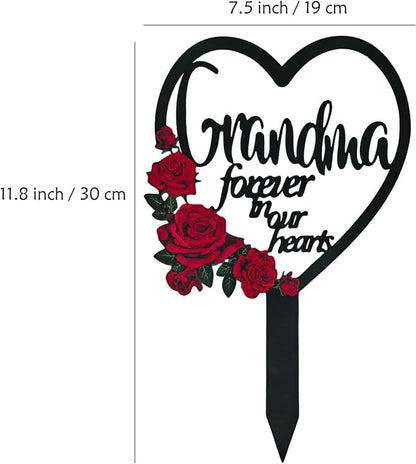 AIM & GGKK Memorial Stake for Grandma - Metal Heart Grave Marker with Red Roses, Memorial Plaque Cemetery Decor for Grave, Garden, Gravesite