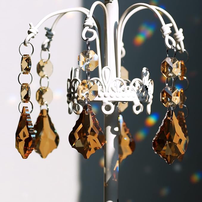 20pcs Crystal Maple Leaf Chandelier Prisms Replacement Pendant Connected Glass Octagon Beads Chain for Wedding Christmas Decoration 38mm (Champagne)