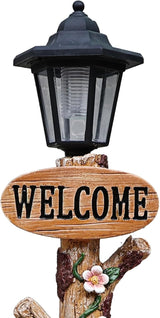 Solar Light Animal Outdoor Statue Planter with Welcome Sign, Resin Garden Sculpture Flower Pot for Patio Lawn Porch Yard Courtyard Decor, Weather-Resistant Decorative Figurine Accent (A)