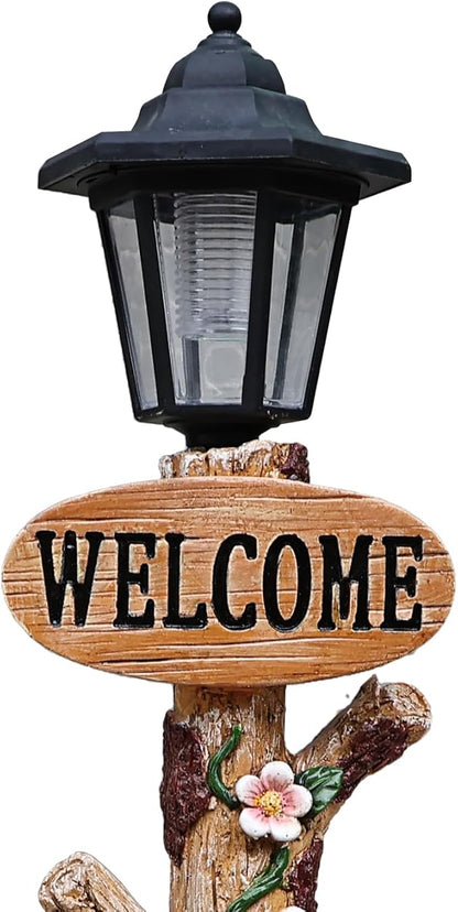 Solar Light Animal Outdoor Statue Planter with Welcome Sign, Resin Garden Sculpture Flower Pot for Patio Lawn Porch Yard Courtyard Decor, Weather-Resistant Decorative Figurine Accent (A)