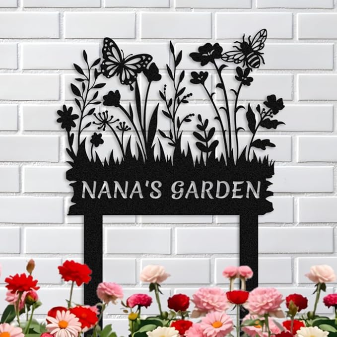Personalized Metal Flower Garden Sign with Stake,Butterfly Bee Metal Art,Outdoor Patio Yard Decor,Gifts for Gardeners style 14