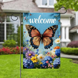 Welcome Spring Summer Garden Flag 12x18 Double Sided, Burlap Seasonal Farmhouse Rustic Butterfly Hydrangea Floral Garden Flags Spring Outdoor Decor, Small Decorative Yard Lawn Porch Flags for Outside
