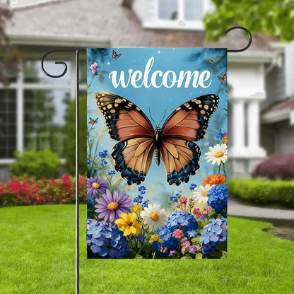 Welcome Spring Summer Garden Flag 12x18 Double Sided, Burlap Seasonal Farmhouse Rustic Butterfly Hydrangea Floral Garden Flags Spring Outdoor Decor, Small Decorative Yard Lawn Porch Flags for Outside