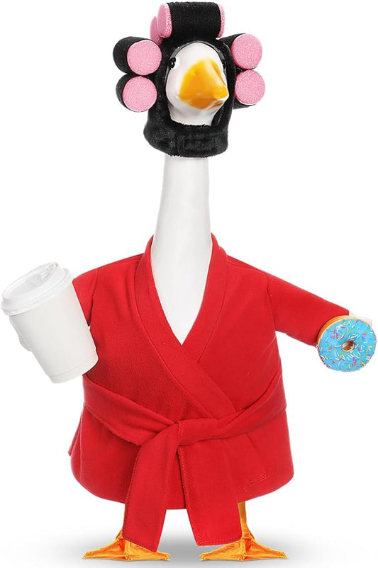 Shyyween Spring Porch Goose Outfits 23 Inch Lady Goose Robe and Curlers Red Pajamas Coffee Cup Cement Concrete Front Porch Geese Clothes Summer Statue Costumes Accessories
