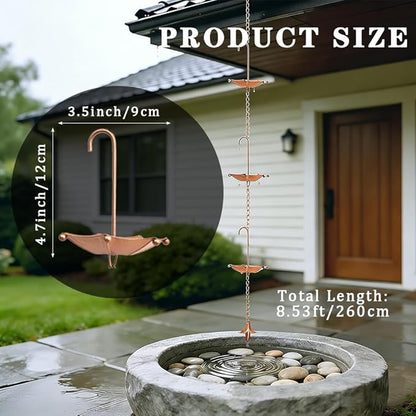 8.5FT Rain Chains with 10 Umbrella Rain Chain Cups, Rain Catcher for Gutters, Decorative Copper Rainwater Diverter Rain Chimes for Garden Decor, Replacement for Outside Gutter Downspouts in Spring