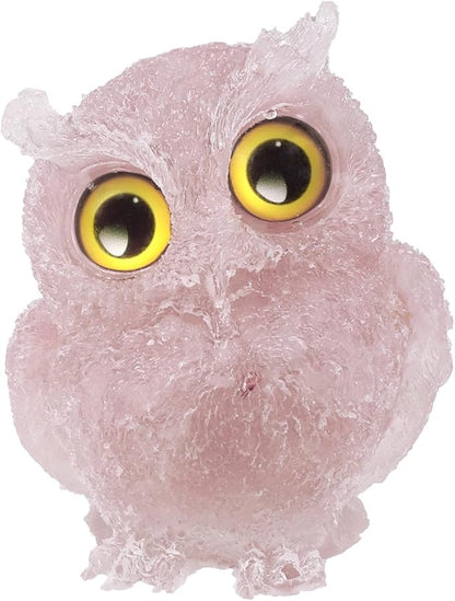Nupuyai 3 inches Orgone Resin Crystal Chips Tumbled Stone Owl Statue, Mini Hand Carved Stone Crystal Animal Figurines for Tabletop Indoor Outdoor, Rose Quartz