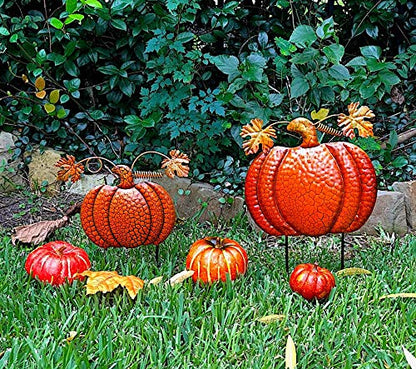 Garden Stakes Thanksgiving Fall Harvest Halloween Outdoor Metal Decor Orange Pumpkins 143&122 (Set of 2) 14.5"&11.5"