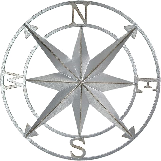 Nautical Compass Rose Wall Hanging Sculpture - Galvanized Grey Finish Metal Indoor Outdoor Ocean Decor - 20.5 Inch Diameter Elegant Maritime Home Accent Piece