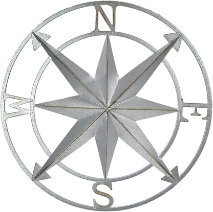 Nautical Compass Rose Wall Hanging Sculpture - Galvanized Grey Finish Metal Indoor Outdoor Ocean Decor - 20.5 Inch Diameter Elegant Maritime Home Accent Piece