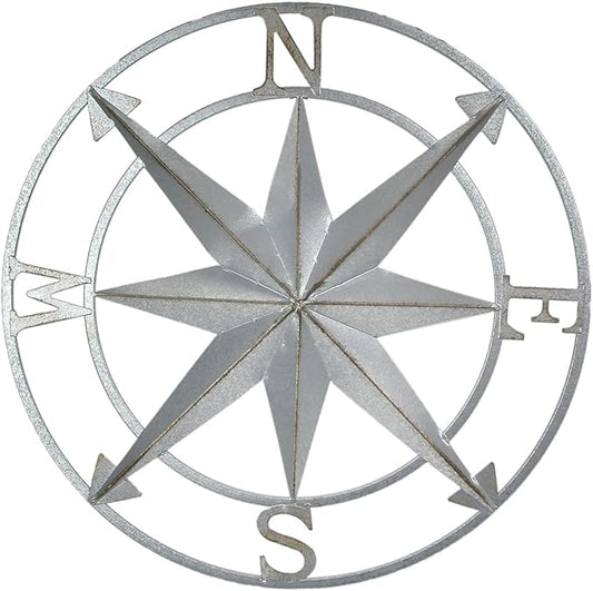 Nautical Compass Rose Wall Hanging Sculpture - Galvanized Grey Finish Metal Indoor Outdoor Ocean Decor - 20.5 Inch Diameter Elegant Maritime Home Accent Piece