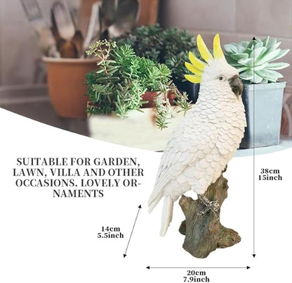 Decorative Parrot Garden Statue, Garden Decor Sculptures Statues Outdoor, Cockatoo Bird Tropical Indoor Desk Decor, Yellow White, 14.96 inches high