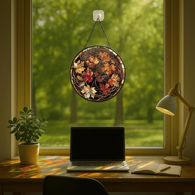 Round Autumn Maple Leaves Stained Glass Window Hanging Panel 11.8in – Elegant Fall Theme Suncatcher Wall Art for Home Window Decor and Gift