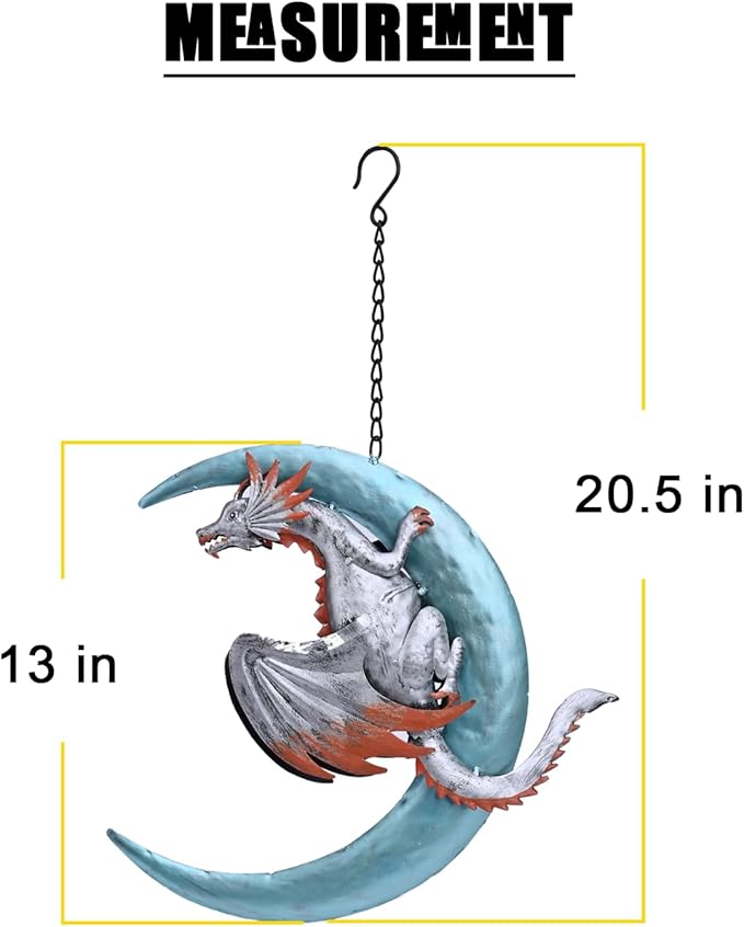 Metal Dragon Hanging Decoration Tree Ornaments Figurines, Dragon Moon Hugger Wall Plaques Statues, Outdoor Wind Sculptures Art for Patio Lawn Deck Pool Yard Stump Branches Porch Balcony Garden Decor