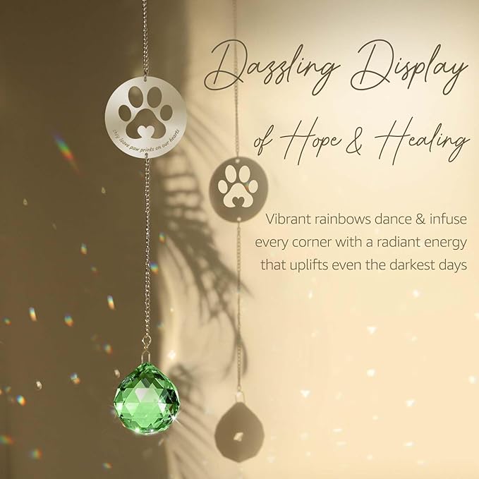 Mooncraftlogy Dog Memorial Gifts, Unique Loss of Pet Sympathy Idea, Green Crystal Ball Rainbow Suncatcher with Paw Print for Cat or Dog Remembrance and Bereavement