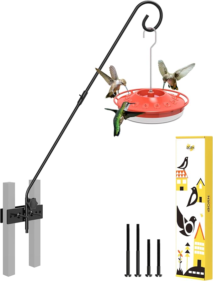 iBorn Fence Deck Hook Rail Heavy Duty Hummingbird Feeder Hanger 28 Inch Railing Hanging Hook for Bird Feeder, Suet Baskets, Planters, Wind Chimes, Solid Wire, 180 Degree Rotary, 1 Pack