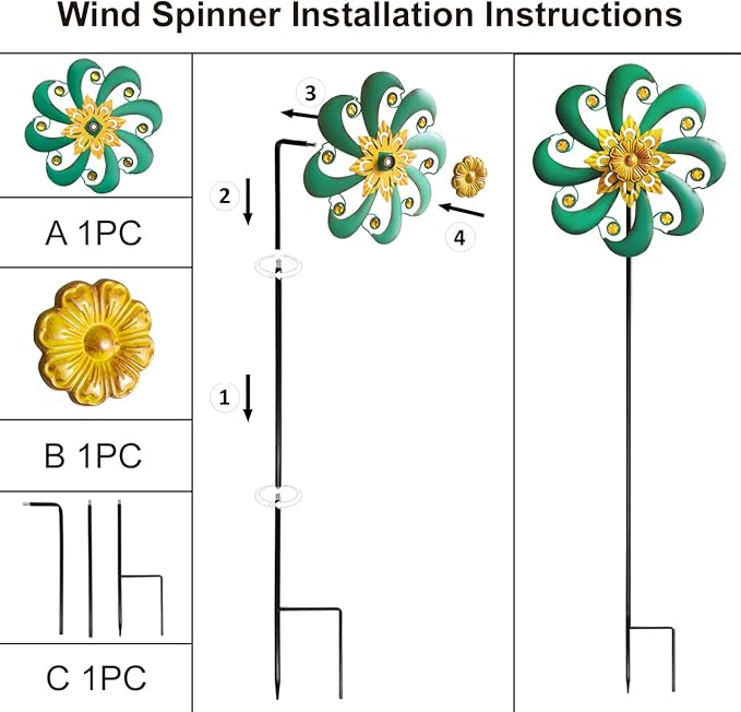 Flower Outdoor Metal Wind Spinner, Single-Layer Kinetic Garden Art with Vibrant Green Finish - Weatherproof Wind Sculpture for Lawn, Patio, Yard Decor - 10''W x 36''H