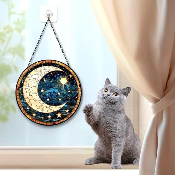 Funoasis Stained Glass Window Hanging 6.3 Inches Suncatcher - Deep Blue Sky A Crescent Moon and Many Stars Ornaments Sun Catcher Home Decor Women Birthday