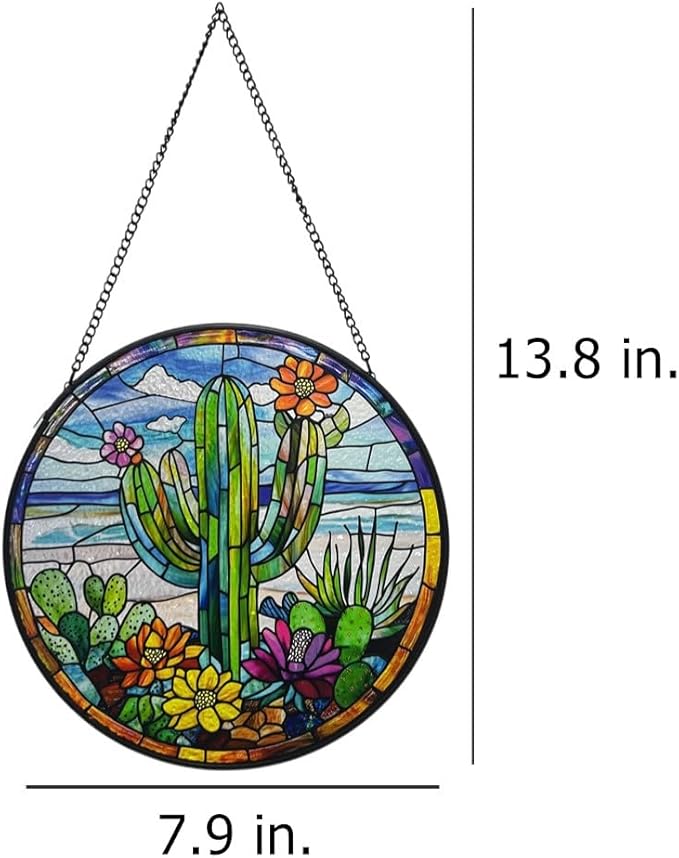Stained Glass Window Hanging-Cactus Suncatcher Home Decor Ornament 7.9 in.Outdoor or Indoor, Garden,Living Room,Gifts for Women, Lovers, Couple, Friends