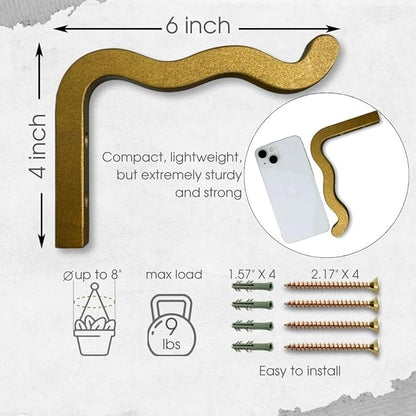 EvenWood 2-Piece Set of Wavy Wooden Wall Planters for Indoor Plants 6 Inch - Natural Plant Hook for Wall Plant, Wind Chimes, Flower Brackets - Durable Bracket Plant Hanger (Bronze)