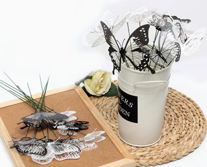 3D Butterfly Garden Stake Decor,10"PVC Butterfly Garden Decor for Outside,Shaking Head Artificial Butterflies for Cake Bouquet Wall Lawn Pathway Plant Pot Flower Bed Yard Decor (50, Black)