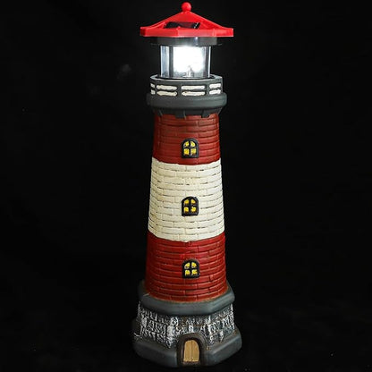 Solar Lighthouse Outdoor Statues, 360° Rotating Beacon Garden Lighthouse, 15" Light House for Outside Garden Yard Decor, Waterproof Resin Nautical Figurines for Patio Lawn Landscape Lighting (Red)