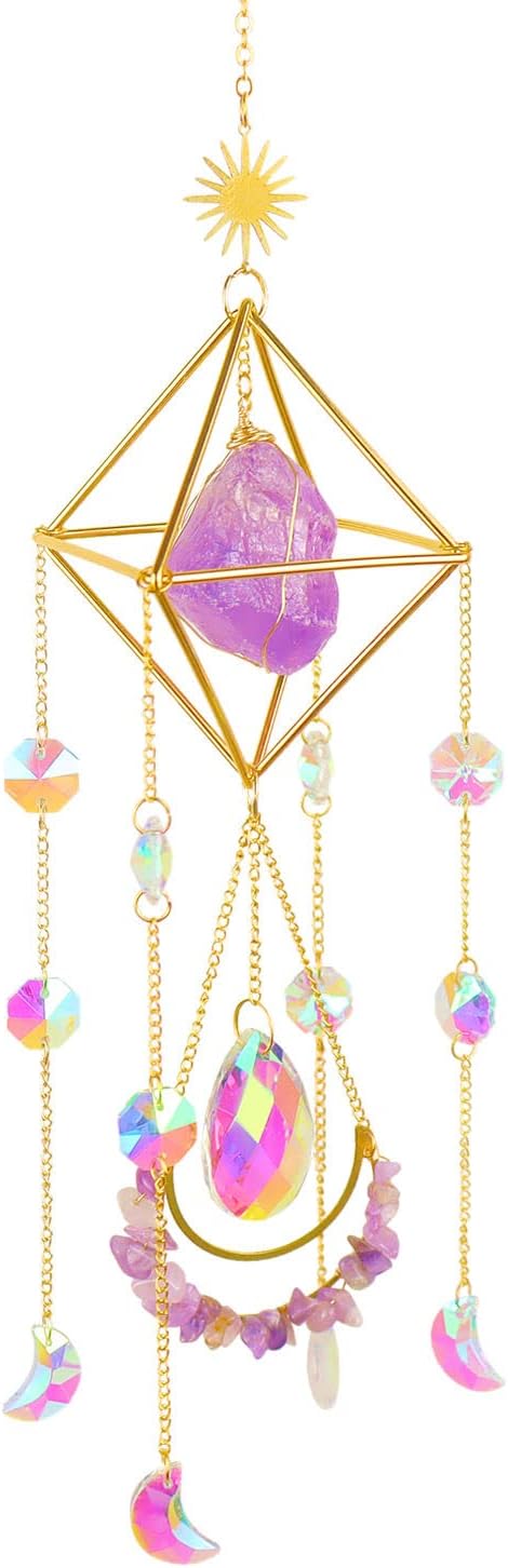 Amethyst Suncatcher Crystal Boho Decor, St Valentine's Day Gift Spiritual, Purple Gemstone Sun Catcher Hanging for Windows, Birthstone Hanging, Raw Stone (Amethsyt)