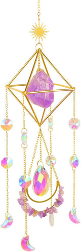 Amethyst Suncatcher Crystal Boho Decor, St Valentine's Day Gift Spiritual, Purple Gemstone Sun Catcher Hanging for Windows, Birthstone Hanging, Raw Stone (Amethsyt)
