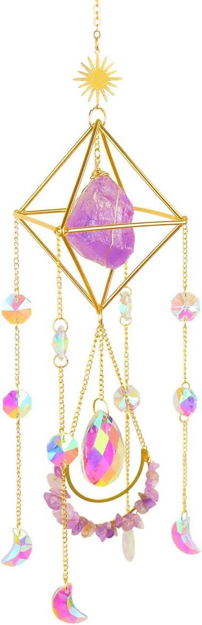 Amethyst Suncatcher Crystal Boho Decor, St Valentine's Day Gift Spiritual, Purple Gemstone Sun Catcher Hanging for Windows, Birthstone Hanging, Raw Stone (Amethsyt)