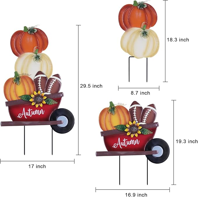 YEAHOME Fall Decorations Outdoor, Stacked Pumpkin Football Wheelbarrow Decorative Garden Stakes, Autumn Metal Cart Yard Signs for Home Outside Garden Lawn Porch Decor, Thanksgiving Decorations