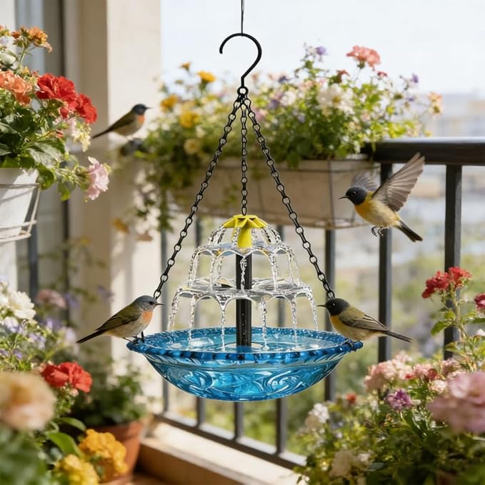Solar Hanging Bird Bath Fountain - 9 Spray Heads,10FT Cord, 9.3" Blue Bowl with 16'' Metal Chain, Solar Powered Cascading Bubbler for Outdoor Deck, Patio, Yard, Lawn, Attracts Hummingbirds