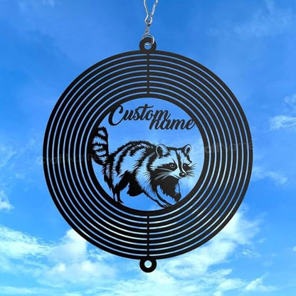 Personalized Raccoon Metal Wind Spinner, Custom Hanging Decoration for Outdoor Display, Kinetic Forest Ornament, Woodland Gift (Raccoon Garden Wind Spinner)