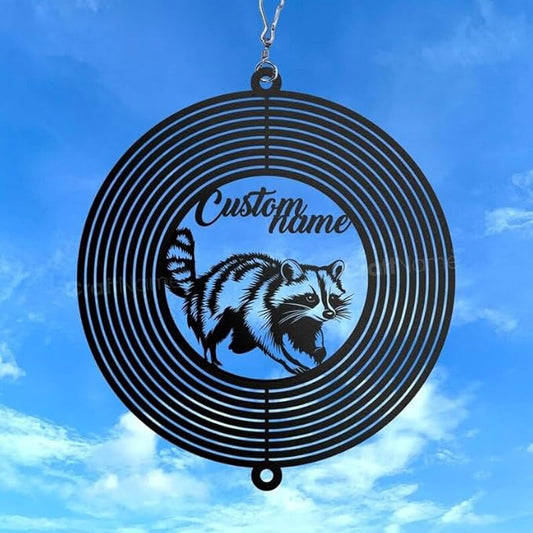Personalized Raccoon Metal Wind Spinner, Custom Hanging Decoration for Outdoor Display, Kinetic Forest Ornament, Woodland Gift (Raccoon Garden Wind Spinner)