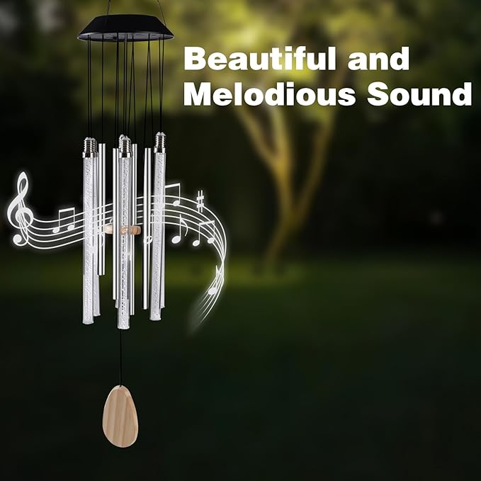 Bursvik Solar Wind Chimes for Outside, 6 LED Tube with 4 Aluminum Tube Automatic Color Changing Wind Chimes, Gifts for Mom, IPX65 Waterproof Hanging Solar Lights for Garden Patio Yard Porch