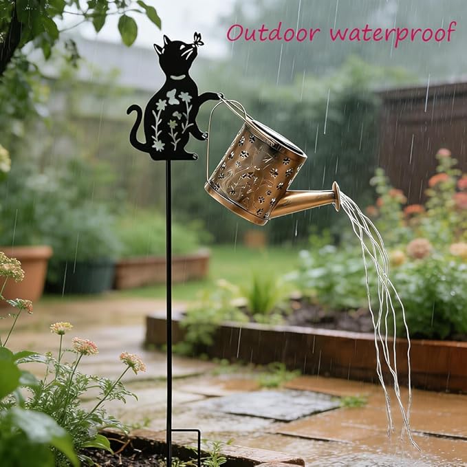 Solar-Powered Cat Watering Can Projection Lights with Metal Cat Statue Silhouette Pillar Garden Feature Light, for Christmas, Mother's Day, Birthday Gifts, Garden, Lawn, Courtyard Decorations.