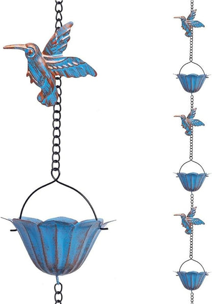 Rain Chains for Gutters, 7.87Ft Hummingbird and Cup Rain Chains for Gutters, Adjustable Rain Chimes for Outside Replacement Downspout for Gutters Eaves Drainage, Blue