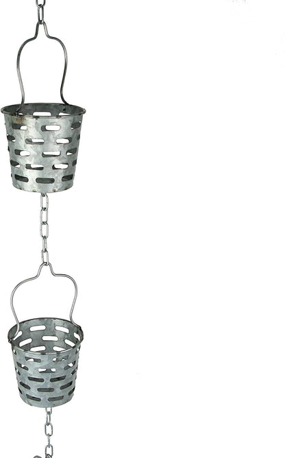 Zeckos Galvanized Grey Metal Olive Bucket Pail Style Rain Chain Gutter Downspout Accent, 74 Inches Long - Easy Install - Adding Rustic Charm to Your Outdoor Décor