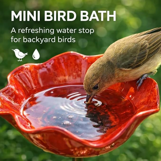 Handmade Metal Flower Garden Stake with Bird Bath & Bee Water Bowl, Bee Bird Watering Station, Butterfly & Pollinator Watering Station, Garden Yard Art Outdoor Decor (2 pcs)