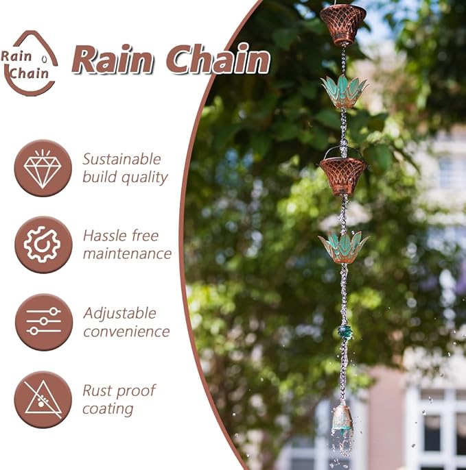 10.2ft Rain Chain for Outside, Lotus Rain Chain with 16 Cups, Adjustable Rain Catcher Chain for Outside, Replacement Downspout for Gutters, Eaves, Drainage
