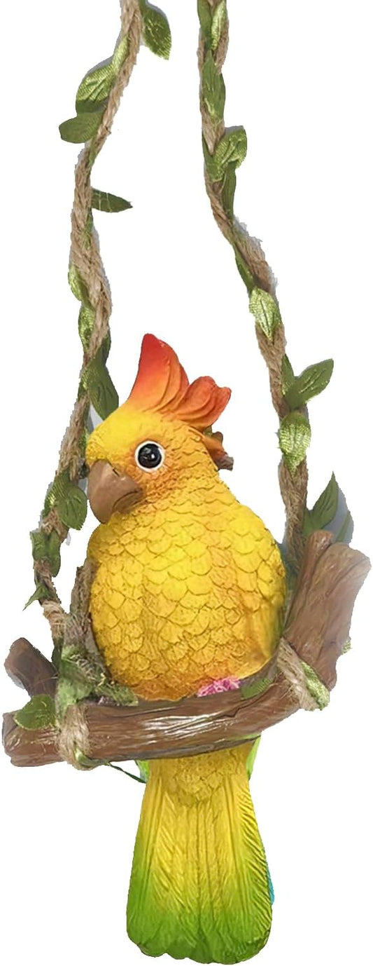 Garden Decor Resin Parrot，Hanging Yard Decor ，Parrot On A Swing Gardening，Outdoor Tree Ornaments Resin Bird for Patio, Lawn, Gardens, Balconies, Indoor and Outdoor Spaces