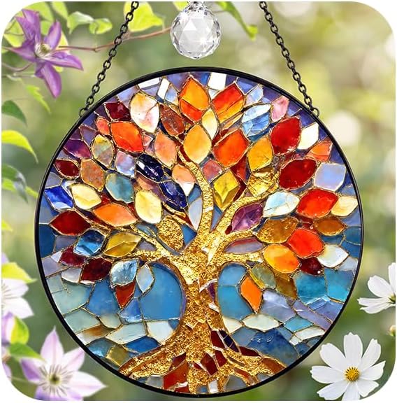 Stained Glass Window Hanging Tree of Life Sun Catcher, 7.8 Inch Suncatchers for Windows Hanging, Tree of Life Window Art Home Decor Gift for Women
