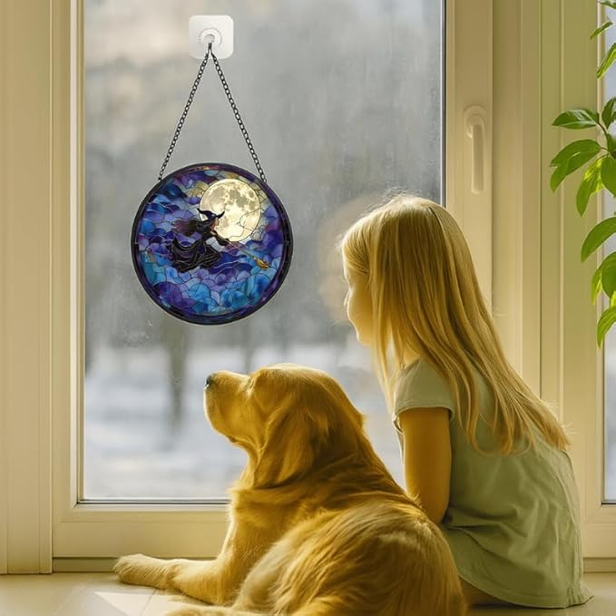 Stained Glass Window Hanging - Halloween 9.8in Flying Witch on Broom with Moon Sun Catchers Indoor Stained Glass Panels Wall Decor for Mom，Wife，Lovers，Festive