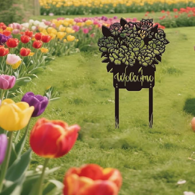 SUPERDANT Flowers Metal Garden Decor Floral Vase Decorative Stakes Welcome Yard Sign Ornament Black Outdoor Iron Fence Signs Wall Art for Home Outside Lawn Porch Walkway Farm Patio Gifts