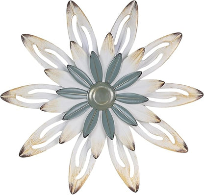 hogardeck Metal Flower Farmhouse Wall Decor, 16" Large Floral Metal Blue White Wall Art for Indoor Outdoor, Boho Wall Decor for Bathroom, Living Room, Kitchen, Bedroom, Porch, Garden, Yard