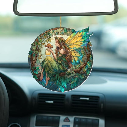 Fairy Ornament Acrylic Suncatcher – Enchanted Forest Fairy Sitting in Circle with Squirrel, Stained Glass Style Window Hanging Decor, Christmas Ornament Gift for Women, Fantasy Home Decor, (Sun-34)