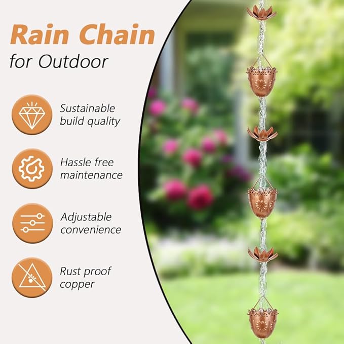 10FT Lotus Rain Chains, Rain Gutter Chain with 16 Flower Cups, Adjustable Rainwater Catcher Chain for Outside, Replacement for Downspout