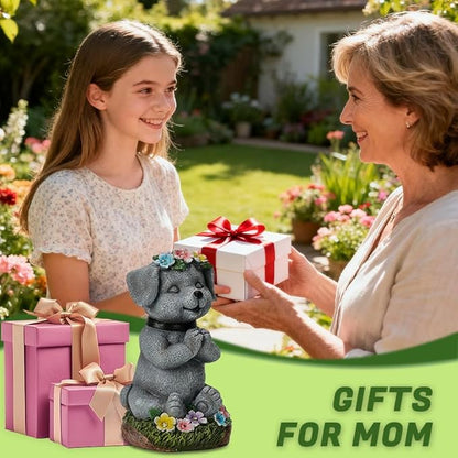 Meditating Dog Garden Statue with Solar LED Lights - Zen Yoga Puppy Figurine with Succulents, Waterproof Resin Decor, 8.7" Outdoor Sculpture, Heartwarming Dog Lover Gifts for Women, Mom, Yard Art