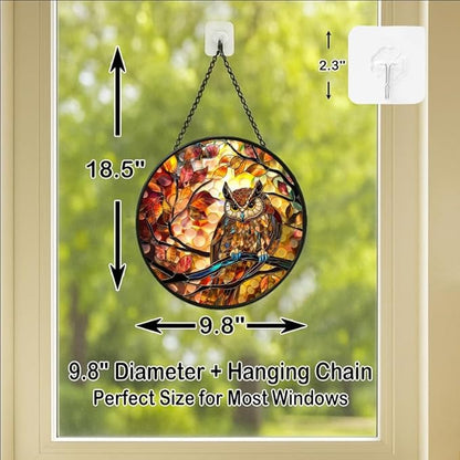 Stained Glass Window Hanging - Autumn Leaves and Perched Owl Sun Catchers Indoor Stained Glass Panels Wall Decor for Mom Wife Lovers Festive